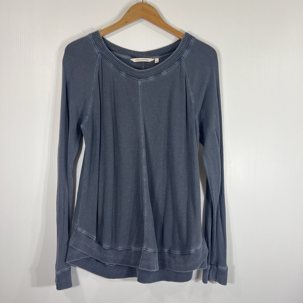 Soft Surroundings Waffle Knit Top Size Large Blue Long Sleeve 100% Cotton